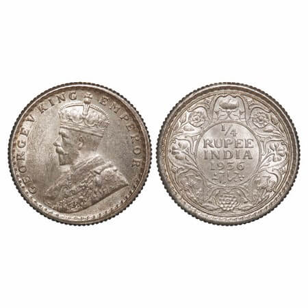 George V, Silver, 1/4 Rupee, 1936, Calcutta Mint, No dot. F. Prid 453. GK 1099. Uncirculat