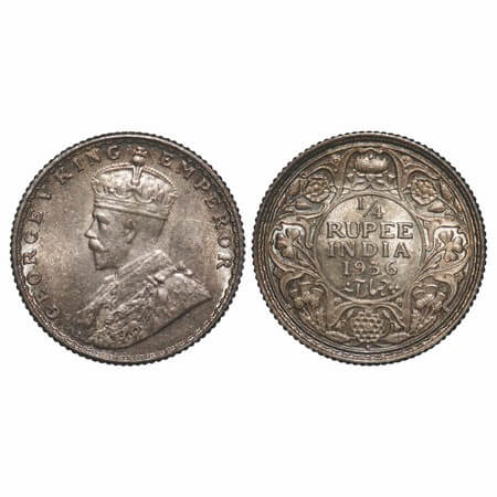 George V, Silver, 1/4 Rupee, 1936, Bombay Mint, Dot. F. Prid 460. GK 1100. Uncircuated, To