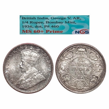 George V, Silver, 1/4 Rupee, 1936, Bombay Mint, Dot. F. Prid 460. GK 1100. NGS Slabbed MS 