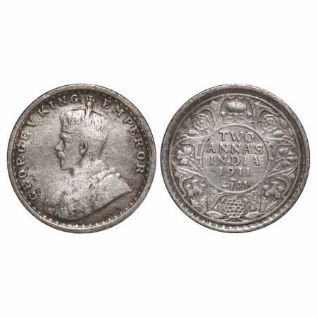 George V, Silver, 2 Annas, 1911, Calcutta Mint, No dot, Pig-Type. F. Prid 564. GK 1107. Ve