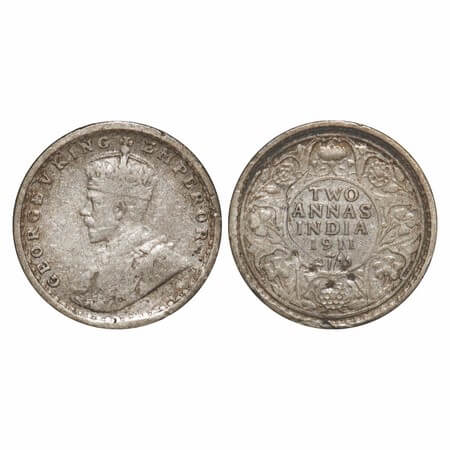 George V, Silver, 2 Annas, 1911, Calcutta Mint, No dot, Pig-Type. F. Prid 564. GK 1107. Ve