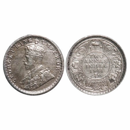 George V, Silver, 2 Annas, 1911, Calcutta Mint, No dot, Pig-Type. F. Prid 564. GK 1107. Ex