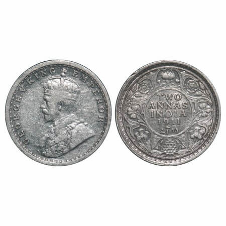 George V, Silver, 2 Annas, 1911, Calcutta Mint, No dot, Pig-Type. F. Prid 564. GK 1107. Ve