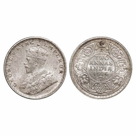 George V, Silver, 2 Annas, 1914, Calcutta Mint, No dot. F. Prid 567. GK 1112. Uncirculated