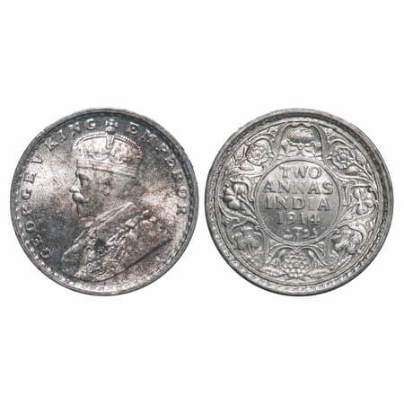 George V, Silver, 2 Annas, 1914, Calcutta Mint, No dot. F. Prid 567. GK 1112. Uncirculated