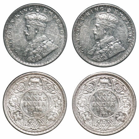 George V, Silver, 2 Annas, 1914, Bombay Mint, Dot. F. Prid 573. GK 1113. Uncirculated. Ver