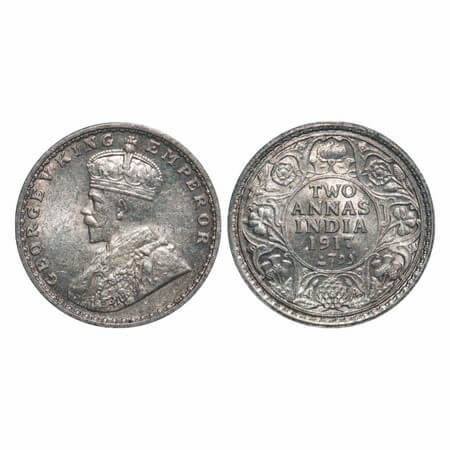 George V, Silver, 2 Annas, 1917, Calcutta Mint, No dot. F. Prid 570. GK 1117. Uncirculated