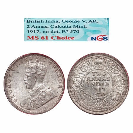 George V, Silver, 2 Annas, 1917, Calcutta Mint, No dot. F. Prid 570. GK 1117. NGS Slabbed 