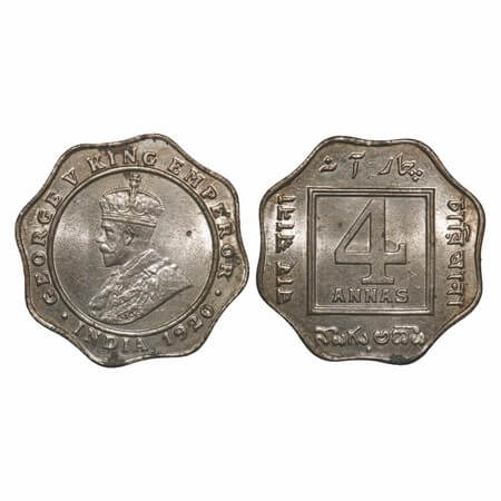 George V, Copper-Nickel, 4 Annas, 1920, Bombay Mint, Dot. F. Prid 878. GK 1104. Brilliant 