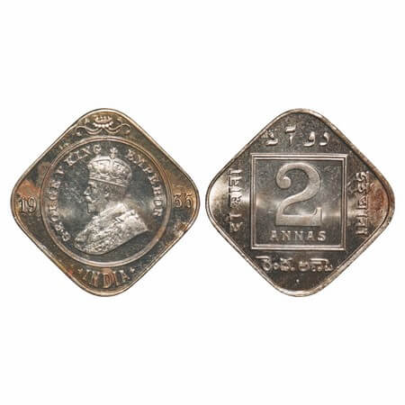 George V, Copper-Nickel, 2 Annas, 1935, Bombay Mint, Dot. F. Prid 902. GK 1139. Brilliant 