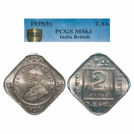 George V, Copper-Nickel, 2 Annas, 1935, Bombay Mint, Dot. F. Prid 902. GK 1139. PCGS Slabb
