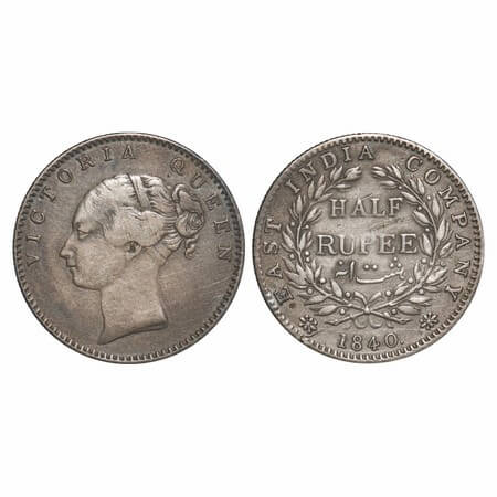 Victoria Queen, Silver, Half Rupee, 1840, CL, Calcutta Mint, A/I, English head, Wreath wit