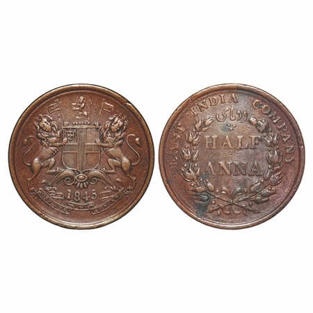 Victoria Queen, Copper, Half Anna, 1845, Calcutta Mint, Obv A, Cross bar of numeral 4 of y