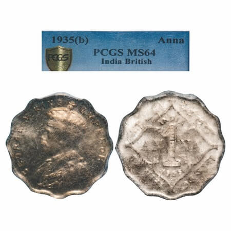 George V, Copper-Nickel, 1 Anna, 1935, Bombay Mint, Dot. F. Prid 957. GK 1166. PCGS Slabbe