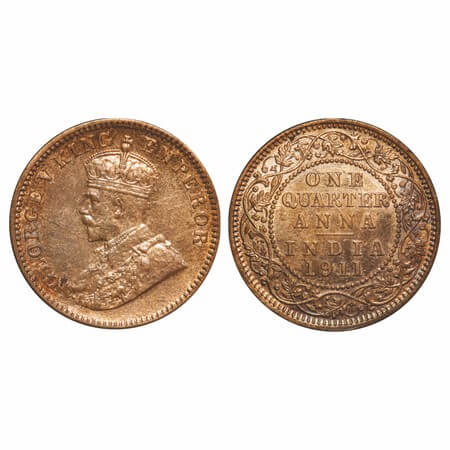 George V, Bronze, Quarter Anna, 1911, Calcutta Mint, No dot, Pig-Type, Die crack on Obv. F