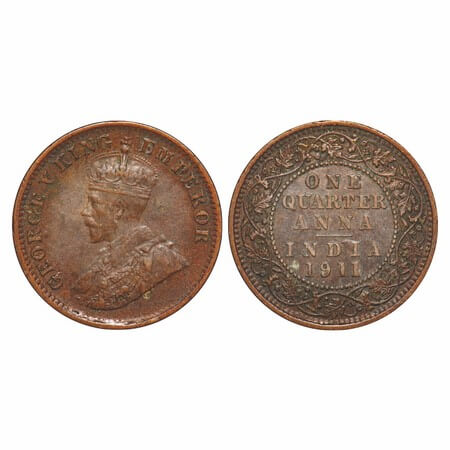 George V, Bronze, Quarter Anna, 1911, Calcutta Mint, No dot, Pig-Type. F. Prid 656. GK 117