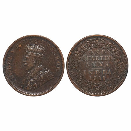 George V, Bronze, Quarter Anna, 1911, Calcutta Mint, No dot, Pig-Type. F. Prid 656. GK 117