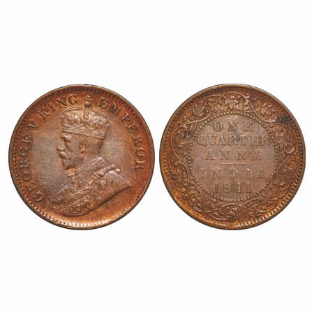 George V, Bronze, Quarter Anna, 1911, Calcutta Mint, No dot, Pig-Type. F. Prid 656. GK 117
