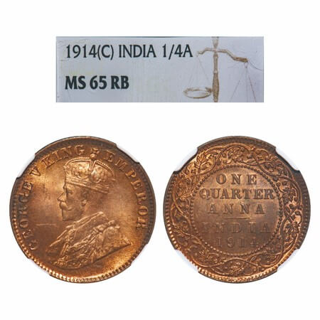 George V, Bronze, Quarter Anna, 1914, Calcutta Mint, No dot, Elephant. F. Prid 660. GK 117