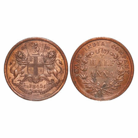 Victoria Queen, Copper, Half Anna, 1845, Calcutta Mint, Obv B, Cross bar of numeral 4 of y