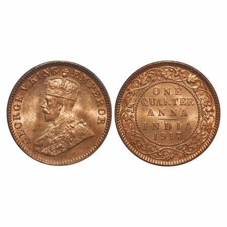 George V, Bronze, Quarter Anna, 1917, Calcutta Mint, No dot, Elephant. F. Prid 662. GK 117