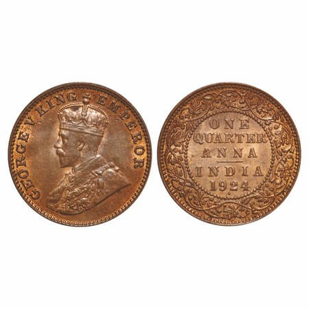 George V, Bronze, Quarter Anna, 1924, Bombay Mint, Dot, Elephant. F. Prid 677. GK 1180. Al