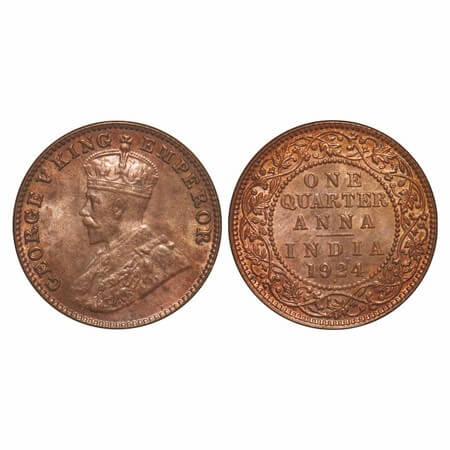 George V, Bronze, Quarter Anna, 1924, Bombay Mint, Dot, Elephant. F. Prid 677. GK 1180. Un