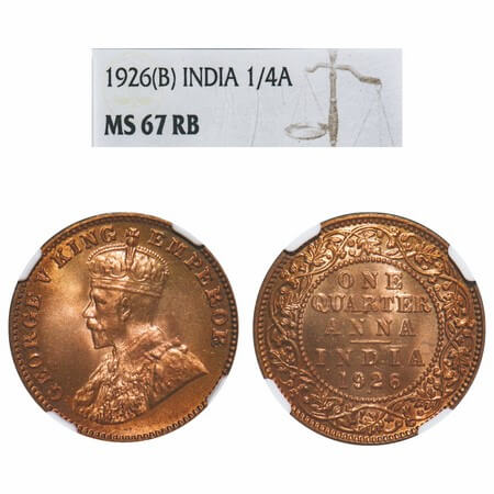 George V, Bronze, Quarter Anna, 1926, Bombay Mint, Dot, Elephant. F. Prid 679. GK 1183. NG