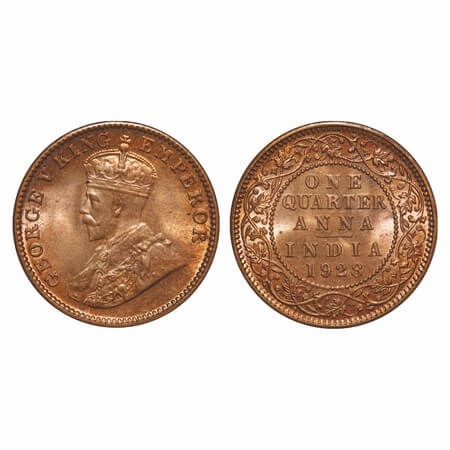 George V, Bronze, Quarter Anna, 1928, Calcutta Mint, No dot, Elephant. F. Prid 669. GK 118