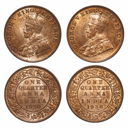 George V, Bronze, Quarter Anna, 1930, (2 coins), Bombay Mint, Dot, Elephant, 1) Normal num