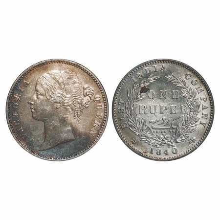 Victoria Queen, Silver, Rupee, 1840, DL, Calcutta Mint, W.W. raised, Wreath with 28 Berrie