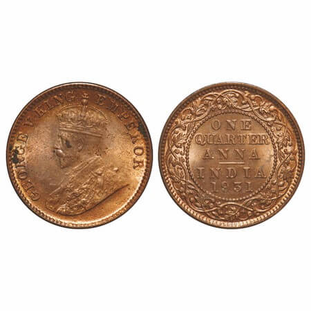 George V, Bronze, Quarter Anna, 1931, Calcutta Mint, No dot, Elephant. F. Prid 672. GK 119