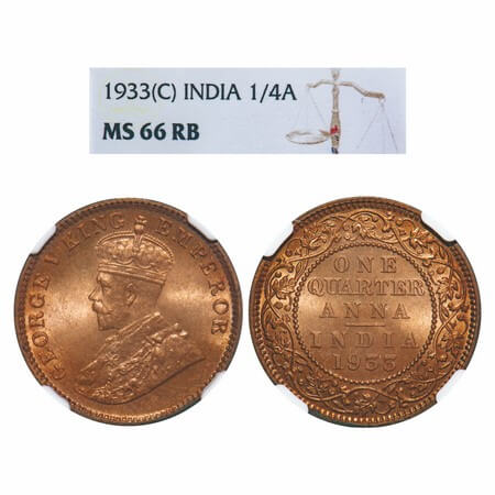 George V, Bronze, Quarter Anna, 1933, Calcutta Mint, No dot, Elephant. F. Prid 673. GK 119