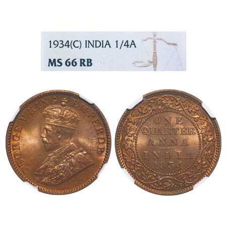 George V, Bronze, Quarter Anna, 1934, Calcutta Mint, No dot, Elephant. F. Prid 674. GK 119