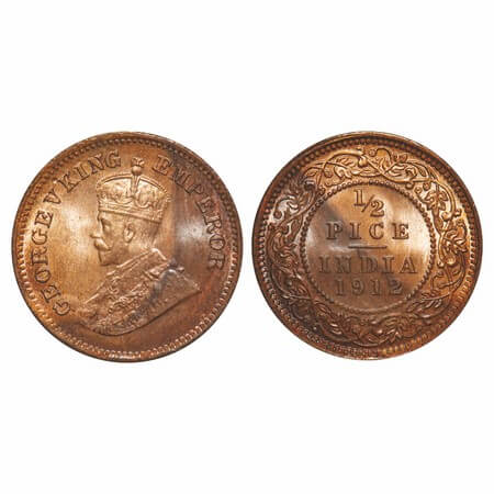 George V, Bronze, 1/2 Pice, 1912, Calcutta Mint, No mint mark, Elephant. F. Prid 745. GK 1