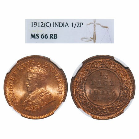 George V, Bronze, 1/2 Pice, 1912, Calcutta Mint, No mint mark. F. Prid 745. GK 1198. NGC S
