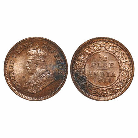 George V, Bronze, 1/2 Pice, 1914, Calcutta Mint, No mint mark. F. Prid 747. GK 1200. About