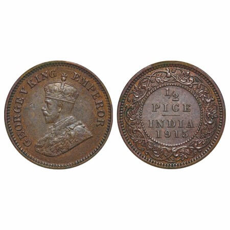 George V, Bronze, 1/2 Pice, 1915, Calcutta Mint, No mint mark. F. Prid 748. GK 1201. Almos