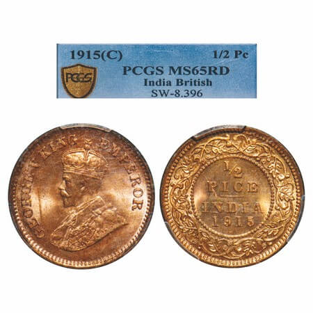 George V, Bronze, 1/2 Pice, 1915, Calcutta Mint, No mint mark. F. Prid 748. GK 1201. PCGS 