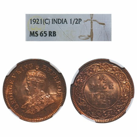 George V, Bronze, 1/2 Pice, 1921, Calcutta Mint, No mint mark, Die rotation on Rev. F. Pri