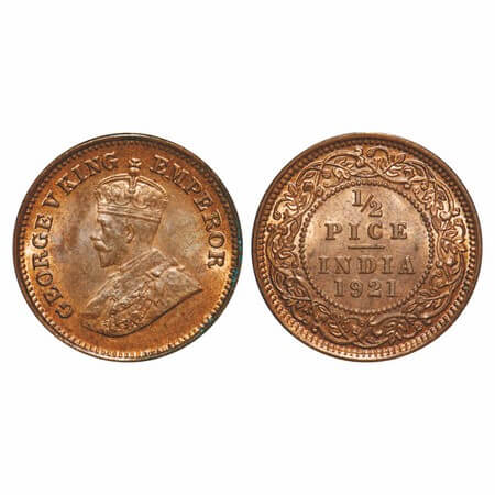 George V, Bronze, 1/2 Pice, 1921, Calcutta Mint, No mint mark. F. Prid 754. GK 1207. Uncir