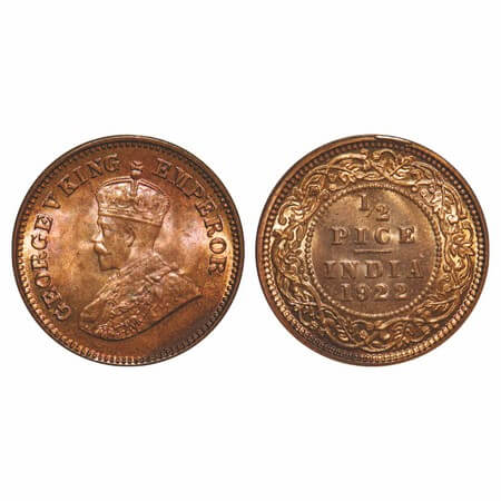 George V, Bronze, 1/2 Pice, 1922, Calcutta Mint, No mint mark. F. Prid 755. GK 1208. Brill