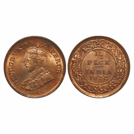 George V, Bronze, 1/2 Pice, 1922, Calcutta Mint, No mint mark, Ghost on Obv and Rev. F. Pr