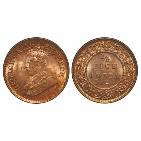 George V, Bronze, 1/2 Pice, 1926, Calcutta Mint, No mint mark, Ghost on Rev. F. Prid 759. 