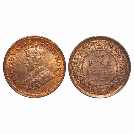 George V, Bronze, 1/2 Pice, 1928, Calcutta Mint, No mint mark. F. Prid 761. GK 1214. Uncir