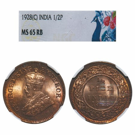 George V, Bronze, 1/2 Pice, 1928, Calcutta Mint, No mint mark. F. Prid 761. GK 1214. NGC S