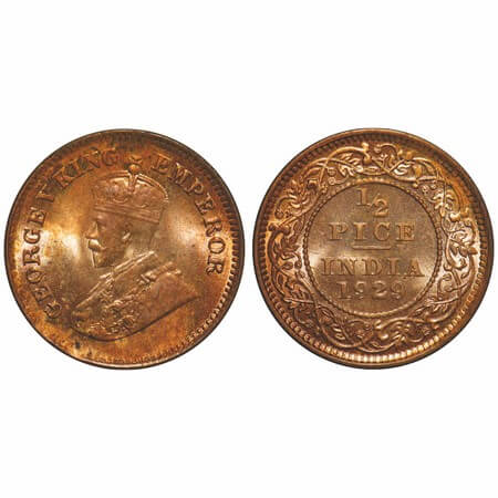 George V, Bronze, 1/2 Pice, 1929, Calcutta Mint, No mint mark. F. Prid 762. GK 1215. Mint 