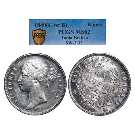 Victoria Queen, Silver, Rupee, 1840, DL, Calcutta Mint, W.W. raised, Wreath with 28 Berrie