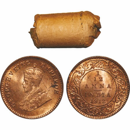 George V, Bronze, 1/12 Anna, (Roll of 24 coins), 1912, Calcutta Mint, No dot. 24 coins in 