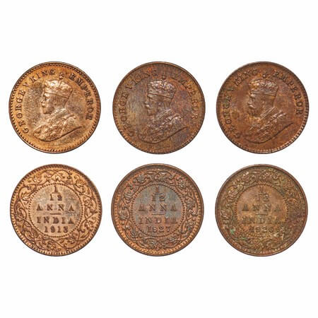 George V, Bronze, 1/12 Anna, (3 coins), 1) 1913, Calcutta Mint, No dot, 2) 1926, Bombay Mi